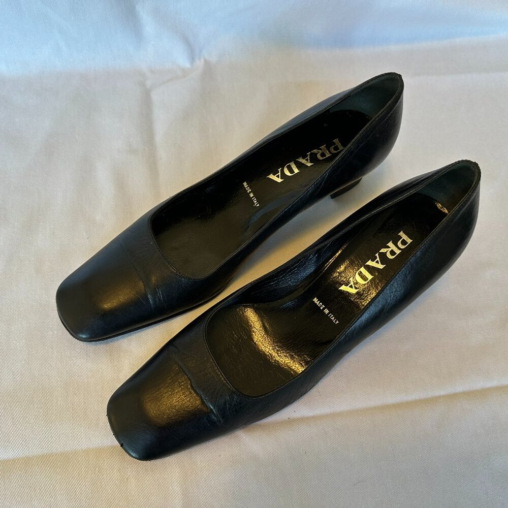Prada Black Leather Square Toe Pumps Sz 37.5